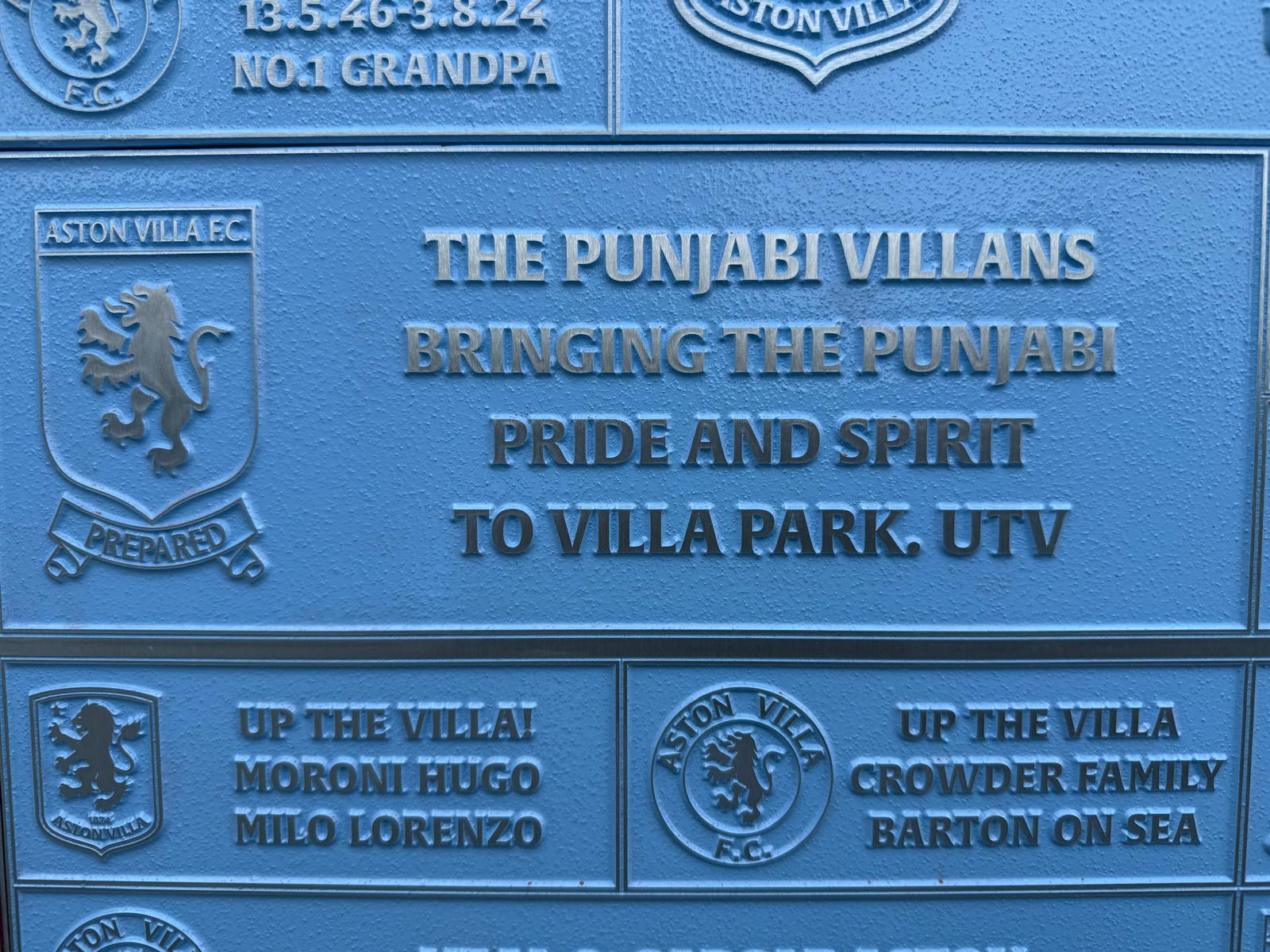 Punjabi Villans plaque at Villa Park: bringing the Punjabi pride and spirit to Villa Park